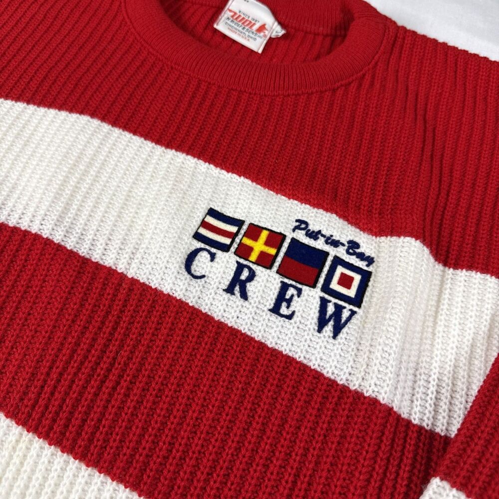 Vintage H Wolf Sweater Mens L Striped Put In Bay Crew Preppy